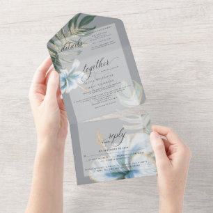 Invitación Todo En Uno Boda floral azul turbulento tropical