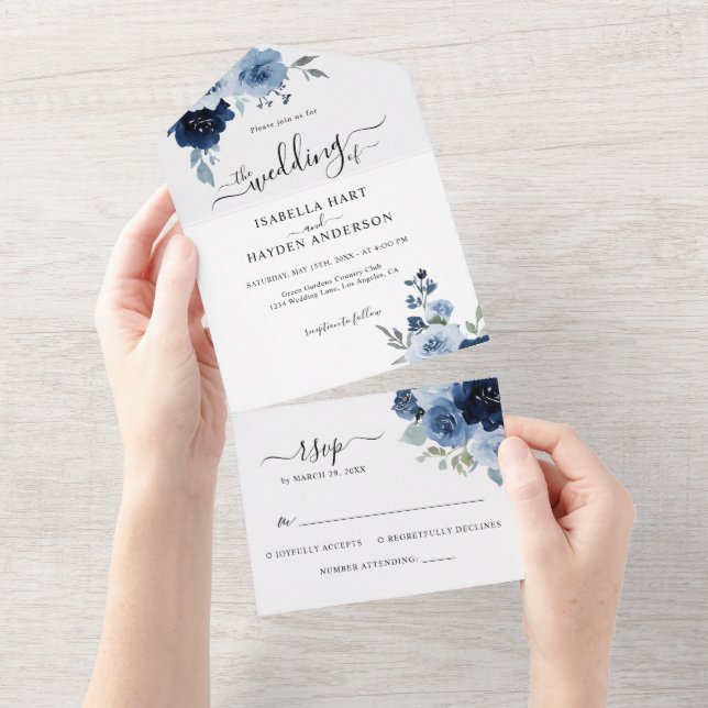 Invitación Todo En Uno Boda floral azul turquesa de luz marina RSVP (desgarro)