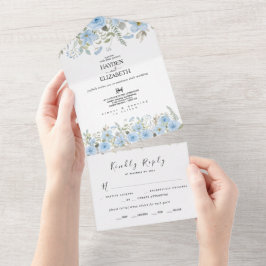 Invitación Todo En Uno Boda Floral Azul Vintage 
