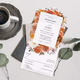 Invitación Todo En Uno Boda Floral B de otoño rojo y Naranja