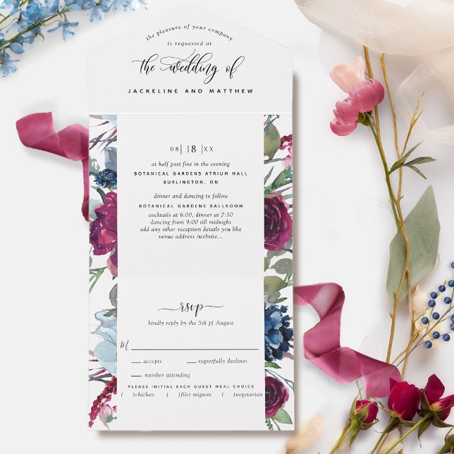 Invitación Todo En Uno Boda Floral Berry Blue Burgundy Perforado RSVP (Subido por el creador)