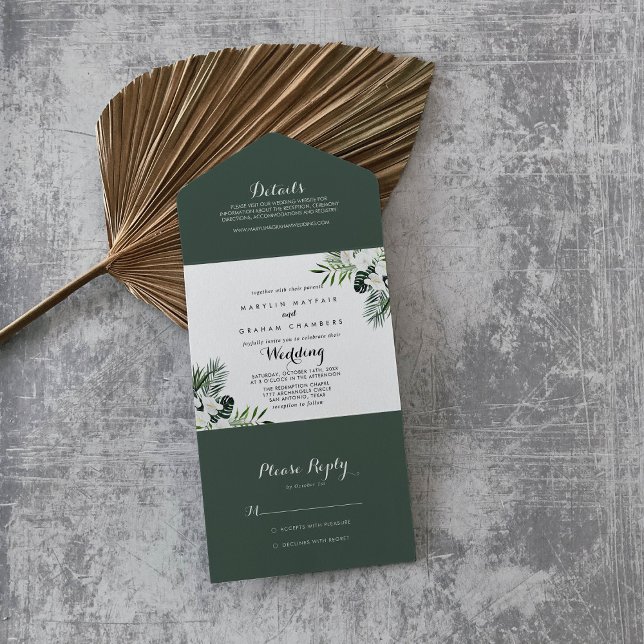 Invitación Todo En Uno Boda floral blanca de vegetación tropical (Subido por el creador)