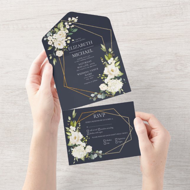 Invitación Todo En Uno Boda floral blanca geométrica de cobre (desgarro)