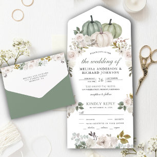 Invitación Todo En Uno Boda floral blanca y calabaza verde salvia