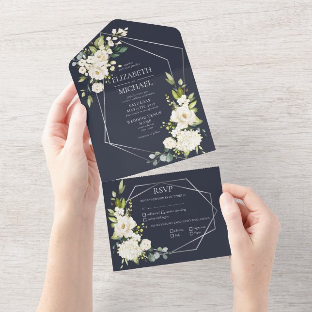 Invitación Todo En Uno Boda floral blanco azul de la marina geométrica pl (desgarro)
