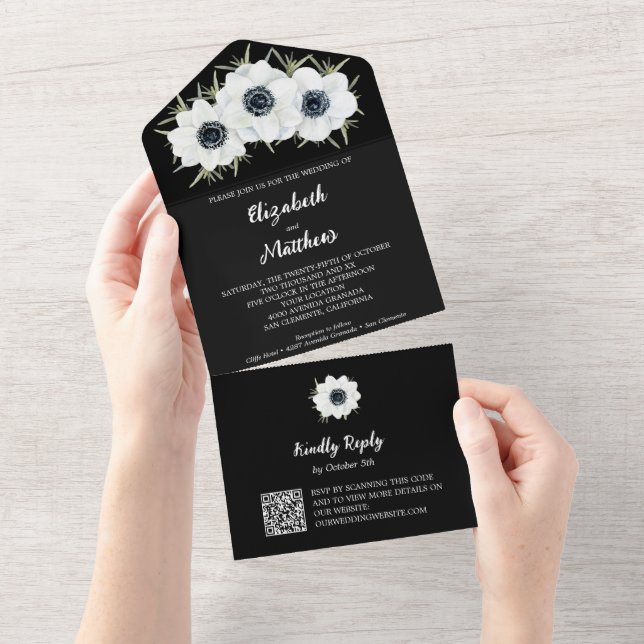 Invitación Todo En Uno Boda floral blanco y negro (desgarro)