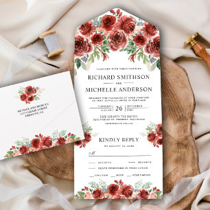 Invitación Todo En Uno Boda Floral Bloom Marsala Campo Rústico