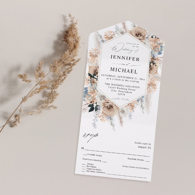 Invitación Todo En Uno Boda floral Blue & Beige Boho (Subido por el creador)