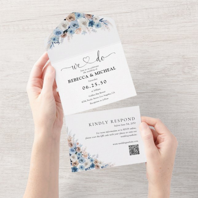 Invitación Todo En Uno Boda floral Blue Boho en una sola invitación (desgarro)