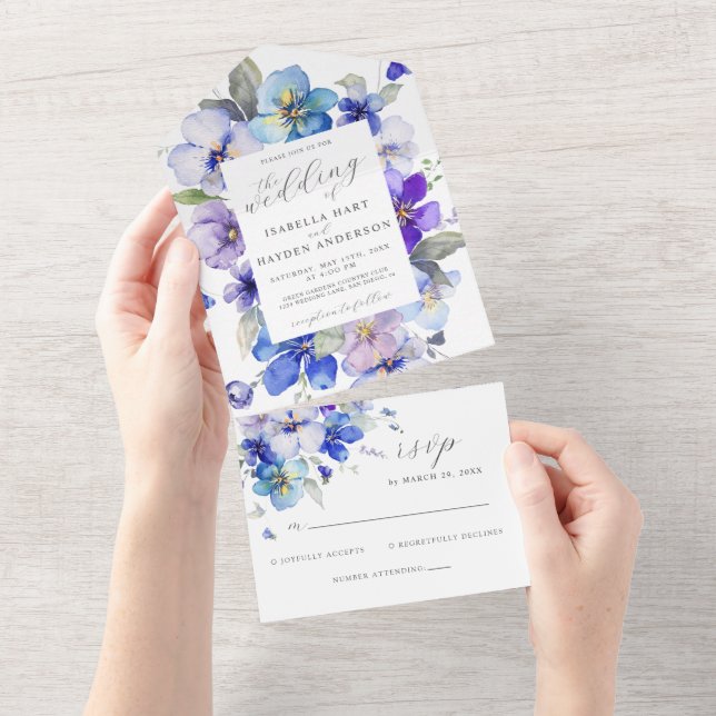 Invitación Todo En Uno Boda Floral Blue Navy Purple Viola Pansy RSVP (desgarro)