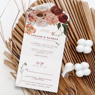 Invitación Todo En Uno Boda floral bohemia de Burdeos atrevida 