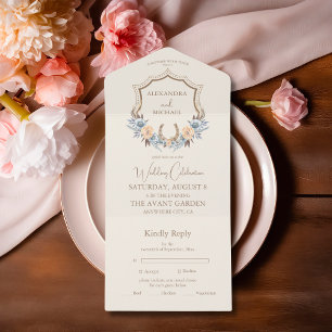 Invitación Todo En Uno Boda floral bohemio de campo occidental Crest