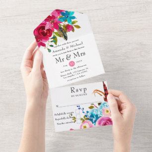 Invitación Todo En Uno Boda floral boho chic acuarela