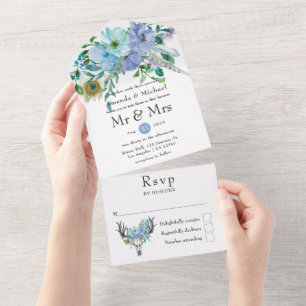 Invitación Todo En Uno Boda floral boho de menta y azul
