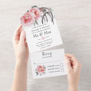 Invitación Todo En Uno Boda floral boho de rosa pastel y gris