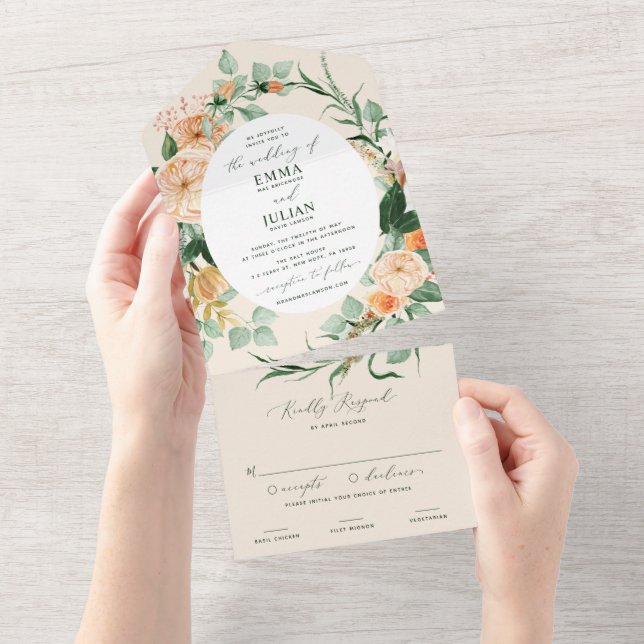 Invitación Todo En Uno Boda Floral Boho Greenery Peach (desgarro)