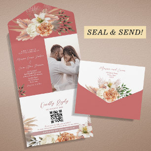 Invitación Todo En Uno Boda Floral Boho Melocotón