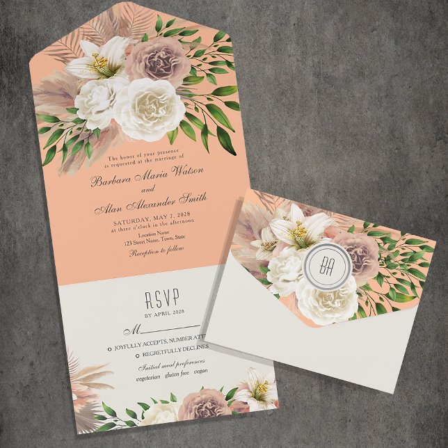 Invitación Todo En Uno Boda Floral Boho Melocotón Fuzz (Subido por el creador)