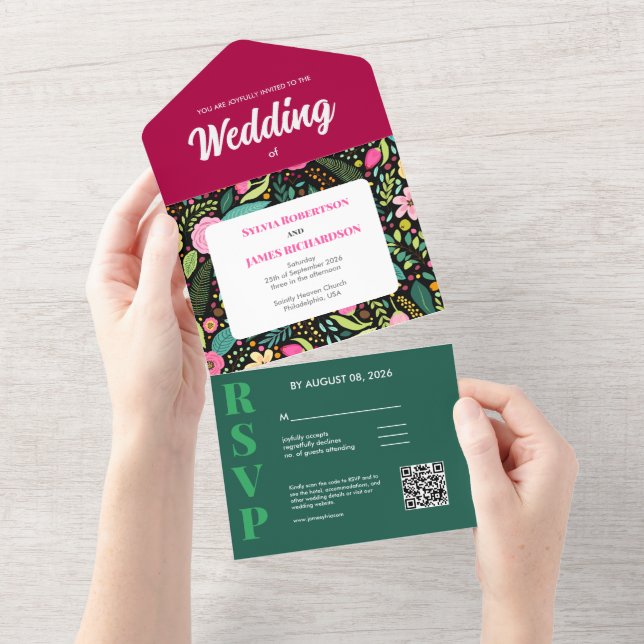 Invitación Todo En Uno Boda Floral Boho moderno (desgarro)