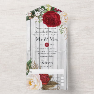 Invitación Todo En Uno Boda floral boho rústica de campo en rojo y blanco