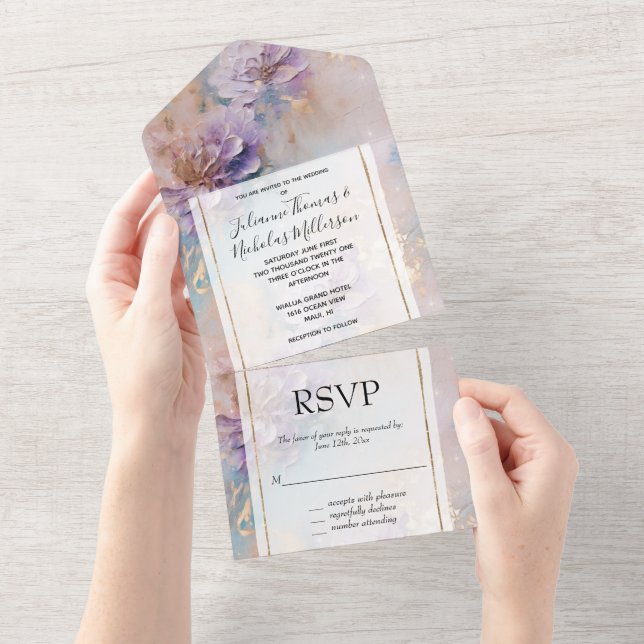 Invitación Todo En Uno Boda floral bonito azul morado y dorado (desgarro)