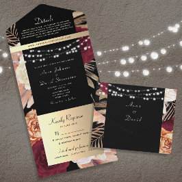 Invitación Todo En Uno Boda Floral Borgoña y Negra Gótica