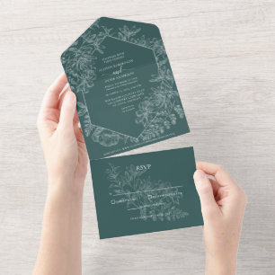 Invitación Todo En Uno Boda floral botánica elegante esmeralda verde y bl