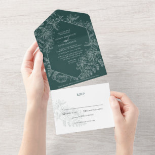 Invitación Todo En Uno Boda floral botánica verde esmeralda