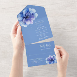 Invitación Todo En Uno Boda floral botánico de color azul moderno