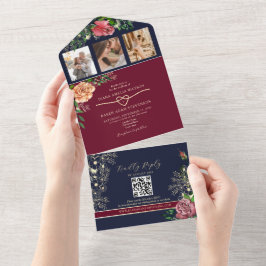Invitación Todo En Uno Boda floral burgundy azul marino