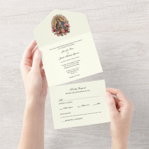 Invitación Todo En Uno Boda floral católica de rosas de la Señora de Guad