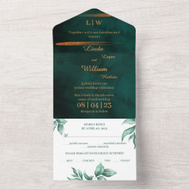 Invitación Todo En Uno Boda floral color de agua profundo Mar Verde oscur