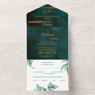 Invitación Todo En Uno Boda floral color de agua profundo Mar Verde oscur