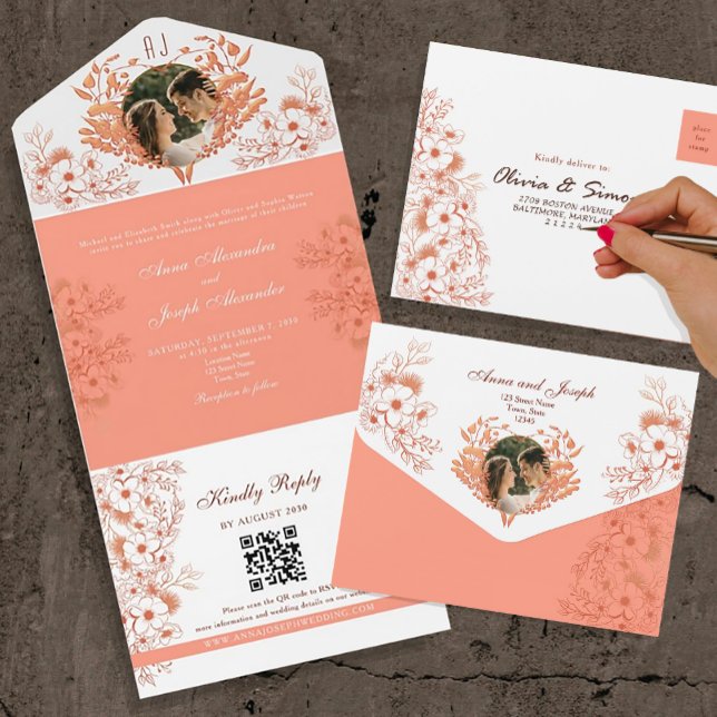 Invitación Todo En Uno Boda Floral Corals Rústica Boho (Subido por el creador)