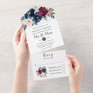 Invitación Todo En Uno Boda floral de acuarela Bordo y Navy