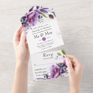 Invitación Todo En Uno Boda floral de acuarela con ciruela y violeta past