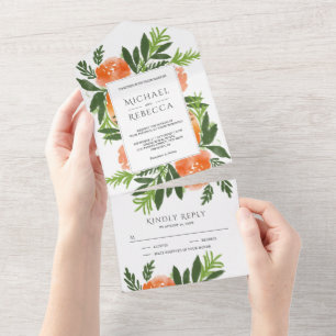 Invitación Todo En Uno Boda floral de acuarela naranja jardín verde