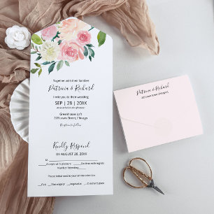 Invitación Todo En Uno Boda floral de acuarela rosa sonrosado todo en uno