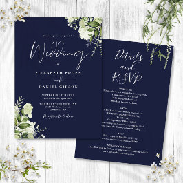 Invitación Todo en uno boda floral de azul marino y vegetació