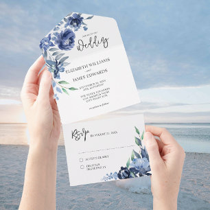 Invitación Todo En Uno Boda floral de azul polvoriento marino