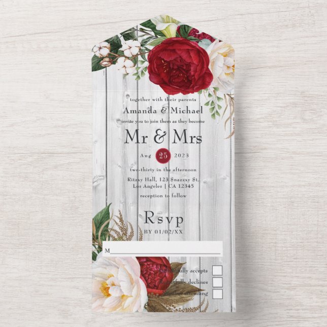 Invitación Todo En Uno Boda floral de Boho blanco y rojo, país ruso (Interior)