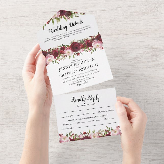 Invitación Todo En Uno Boda floral de borgoña sonrojada (desgarro)