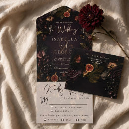 Invitación Todo En Uno Boda floral de Borgoña temperamental