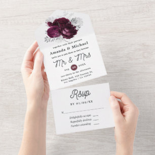 Invitación Todo En Uno Boda floral de Borgoña y plata
