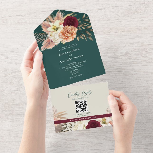 Invitación Todo En Uno Boda floral de caída de código QR (desgarro)