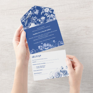 Invitación Todo En Uno Boda Floral De Chinoiserie Azul Y Blanco Antiguo