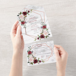 Invitación Todo En Uno Boda Floral de cobre y borgoña y Rubor