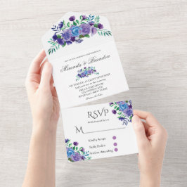 Invitación Todo En Uno Boda floral de color acuático de lavanda rústica