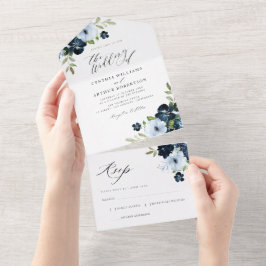 Invitación Todo En Uno Boda floral de color azul polvoriento de la marina