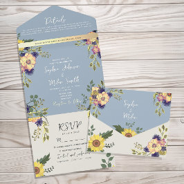 Invitación Todo En Uno Boda floral de color azul turbio